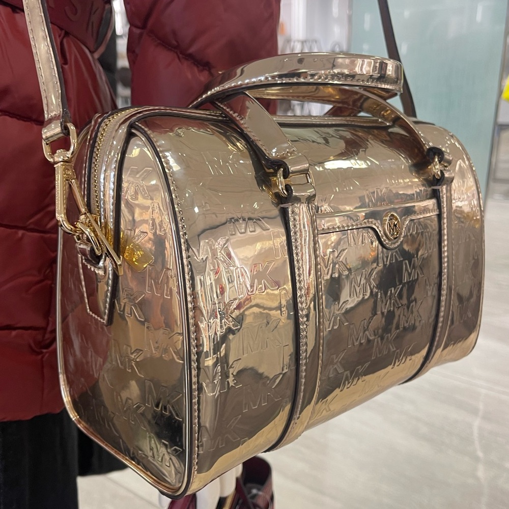 MICHAEL KORS Jet Set Md Metallic Logo Debossed Satchel Duffle 
Pale Gold 
NWT - Picture 14 of 16